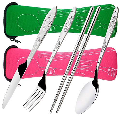 8 piezas Mostrada Conjuntos De Cuchillo, Tenedor, Cuchara, Palillos, SENHAI 2 Pack de vajilla con estuche e para viajar Camping Picnic Excursionismo(verde, rosa)