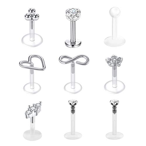 9 Piezas 16G Acero Inoxidable & Acrilico Piercing Oreja Tragus Stud Helix Cartilago Pendientes Labio Labret Anillos Piercing Claro Bioflex Retenedores para Mujer Hombre Joyas para el Cuerpo-Plata