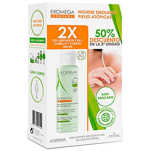 A-derma DUPLO Exomega Control Gel Limpiador Emoliente 2en1 Cuerpo y Cabello, 2x500ml