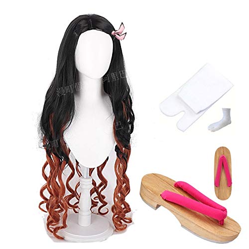 A la venta Demon Slayer Kimetsu no Yaiba Kamado Nezuko Cosplay disfraz peluca zapato Calcetines de zueco Vestido de Halloween Talla única 1set Nota tamaño de zueco