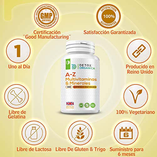 A-Z Multvitaminas y Minerales Formula – 180 Cápsulas de 27 Minerales y Multivitaminas Hombre & Mujer – Para 6 Meses – Apto Para Vegetarianos – Hecho en Reino Unido Por Detox Organica