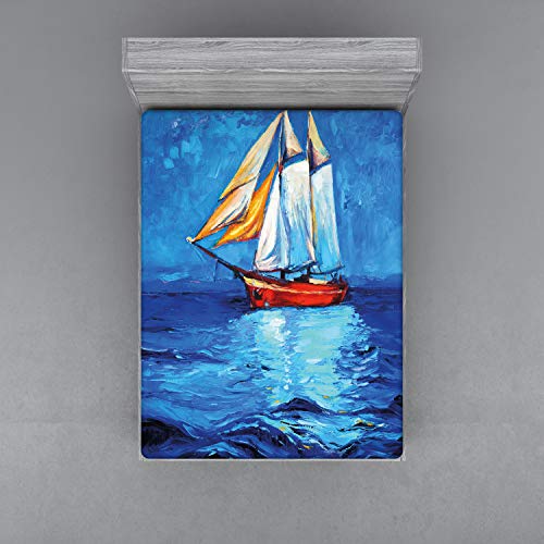 ABAKUHAUS Náutico Sábana Elastizada, Arte del Barco de Vela Imagen, Suave Tela Decorativa Estampada Elástico en el Borde, 135 x 190 cm, Azul Marino y Azul