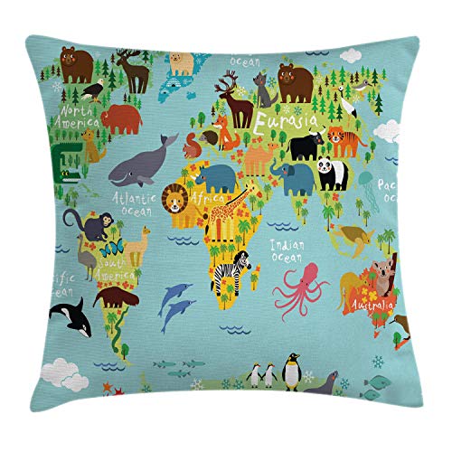 ABAKUHAUS Viajeros Funda para Almohada, Animal Mapa del Mundo para Niños Dibujos Infantil Montaña Bosque, Material Lavable con Cremallera Colores No Destiñen, 60 x 60 cm, Verde Amarillento