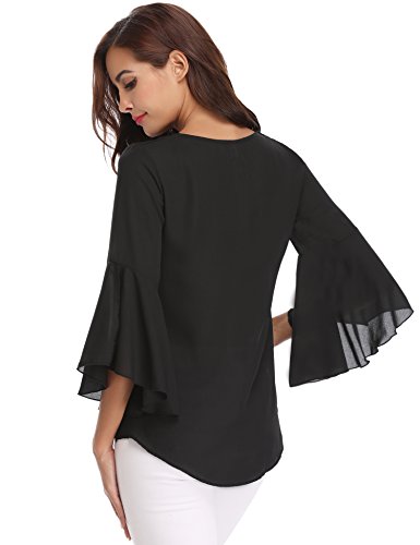 Abollria Camisa para Mujer 3/4 Mangas Elegante Blusa de Gasa Ligera Camisetas de Chiffon Cuello V Top Mangas Acampanadas Primavera Verano Otoño, Negro, XL