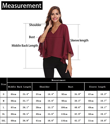 Abollria Camisa para Mujer 3/4 Mangas Elegante Blusa de Gasa Ligera Camisetas de Chiffon Cuello V Top Mangas Acampanadas Primavera Verano Otoño, Negro, XL