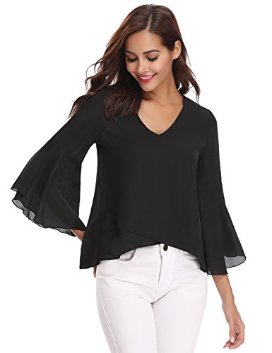 Abollria Camisa para Mujer 3/4 Mangas Elegante Blusa de Gasa Ligera Camisetas de Chiffon Cuello V Top Mangas Acampanadas Primavera Verano Otoño, Negro, XL