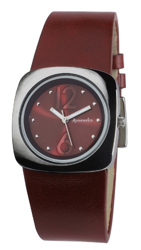 Accessorize S1008 - Reloj analógico de mujer de cuarzo con correa de piel roja - sumergible a 10 metros