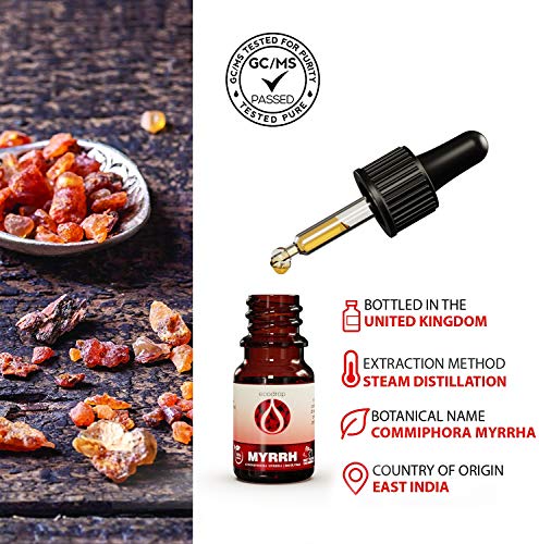 Aceite esencial de mirra (Commiphora myrrha) 100 % natural para aromaterapia, masajes, difusores y para diluir en el baño, con libro electrónico de regalo, 5 ml