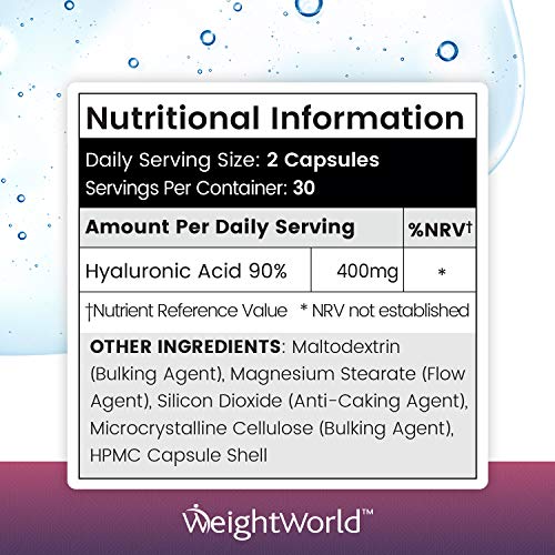 Ácido Hialurónico Puro Alta Dosis 400 mg - Suplemento Alimenticio para Huesos, Articulaciones, Cartílagos y Piel, Reduce Signos Edad Concentración máxima 90%, 60 Cápsulas Veganas, Weightworld