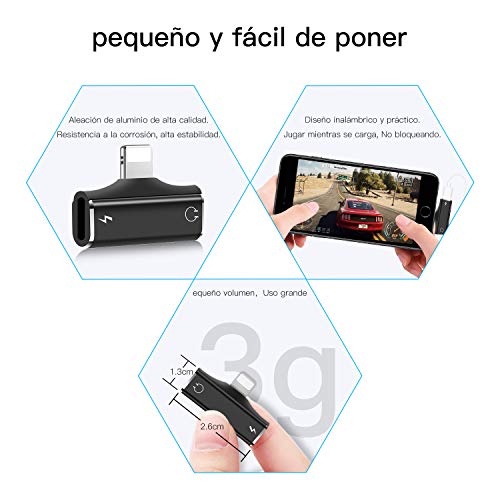 Adaptador de Auriculares Compatible para i-Phone 11/11Pro/11Pro MAX/XS MAX/XR/X/7 Plus/8 Plus，Conector para Auriculares [Música + Carga + Llamada + Control de Volumen + Voz Vivir] 5 en 1-Negro