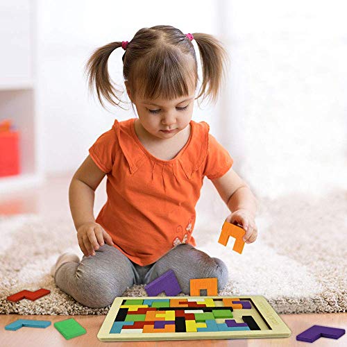 Afufu Puzzle de Madera Montessori Tetris Juguetes Educativos (40 Piezas) Tangram Rompecabezas Juego, Jigsaw Puzzle Tetris del Juguete, Tetris para Niños 3 4 5 6 Años Rompecabezas De Madera