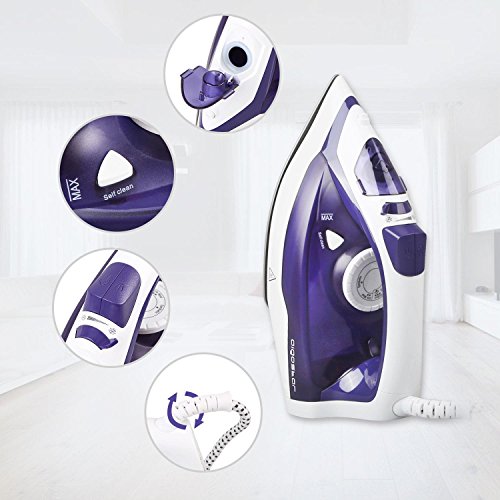 Aigostar 31HGC-Plancha de vapor de suela cerámica antiadherente, 2200W, control de vapor variable, sistema antigoteo y función de autolimpieza. Depósito de 370 ml y color violeta. Diseño Exclusivo.