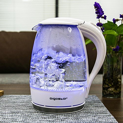 Aigostar Eve 30GON - Hervidor de Agua Eléctrico, Vidrio Borosilicato, con iluminación led, 1,7 litros, Libre de BPA, 2200 W, Base 360º, Filtro Antical, Doble Sistema de Seguridad, Diseño exclusivo.