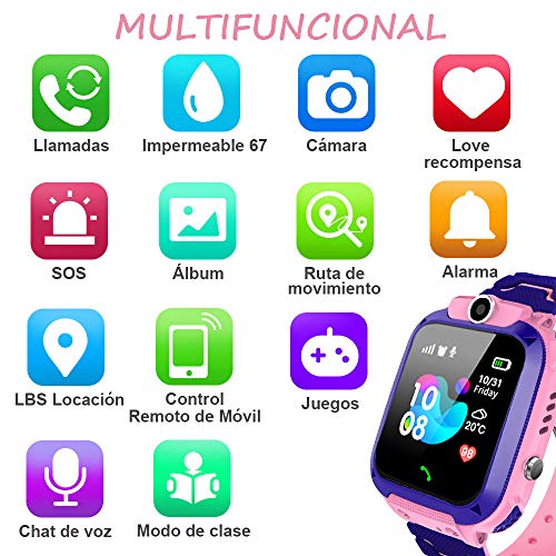 AIMIUVEI Smartwatch Niños, Reloj Inteligente Niña IP67, LBS, Llamada Bidireccional, SOS Modo de Clase, Cámara, Juegos, Regalo para Niño Niña de 3-12 años, Smartwatch soporta 2G Tarjeta Micro SIM