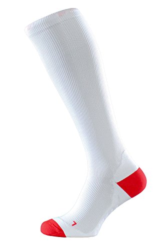 ALBERT KREUZ medias deportivas hasta la rodilla de compresión para running unisex – calcetines compresivos de entrenamiento para mujeres y hombres, color blanco con rojo 45-47