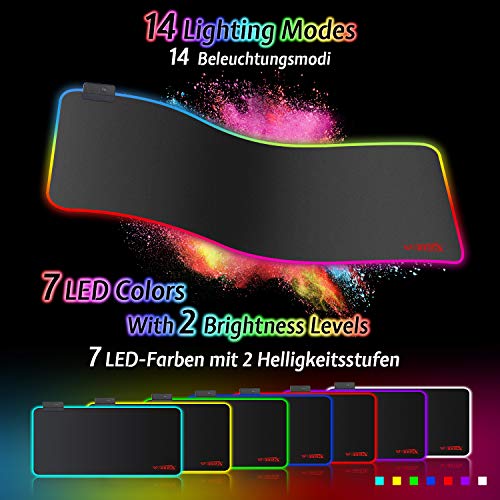 Alfombrilla de Ratón RGB, (800×300×4mm) 7 Colores con 14 Modos de Luz , Alfombrilla Gaming Extra Grande Base de Goma Antideslizante y Superficie Suave Resistente al Agua para Gamers, PC y Portátil