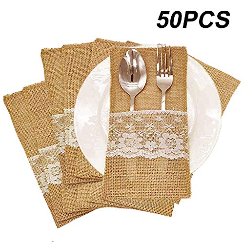 Amajoy - 50 piezas de soportes de arpillera natural para utensilios de cocina, cuchillos y tenedores, bolsa de cubiertos, bolsa de fiesta, despedida de soltera, boda, vajilla