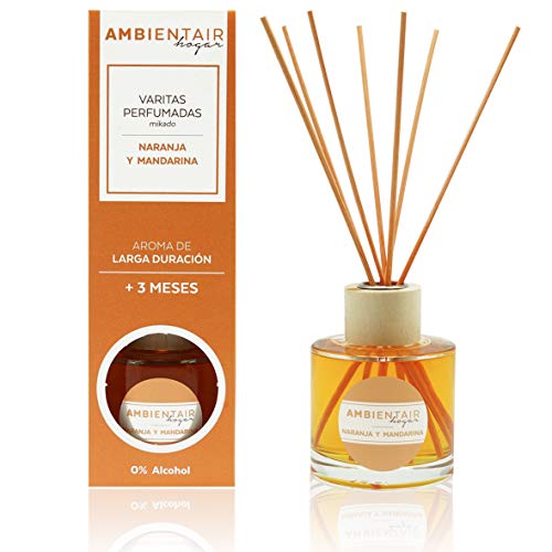 Ambientair Hogar. Difusor de Varillas perfumadas. Ambientador Mikado Naranja y Mandarina. Difusor 100 ml con palitos de ratán. Ambientador sin Alcohol para casa.