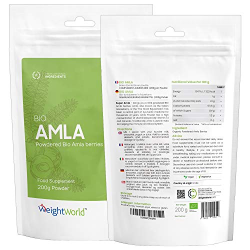 Amla Pura Orgánica en Polvo 200 gr - Fortalece El Crecimiento Capilar y la Salud Del Pelo, Cuidado Profundo Del Cabello, Fuente Alta de Vitamina C Natural, Grosella Espinosa India Pura, Vegano