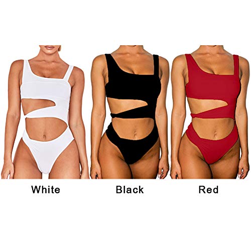 Amusingtao - Bañador de una pieza para mujer con push up Monokini sólido acolchado para la piel, para natación, verano, playa, sexy, trajes de baño irregulares, color blanco, No nulo, Blanco, Small