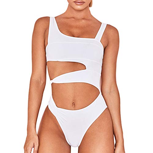 Amusingtao - Bañador de una pieza para mujer con push up Monokini sólido acolchado para la piel, para natación, verano, playa, sexy, trajes de baño irregulares, color blanco, No nulo, Blanco, Small