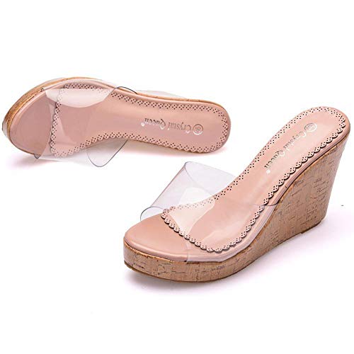 Anoauit Sandalias Transparentes con Boca de pez de Color Nude, Sandalias de cuña con Punta Redonda, Chanclas, Sandalias de Playa, Zapatos de Plataforma para Mujer-Desnudo Transparente_37