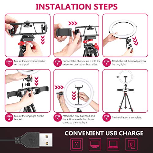 Art DNA Anillo de Luz USB 10 Pulgadas con Soporte y 3 Soportes para Teléfono USB Selfie Halo Luz con 2 Ranuras de Montaje Adicionales Regulable Bicolor para Maquillaje Vlogging Youtube TikTok Video