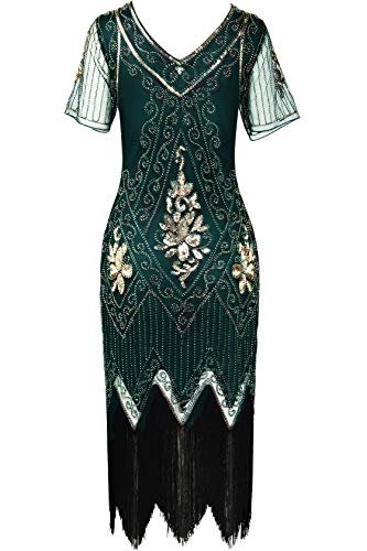 ArtiDeco - Vestido de mujer estilo años 20 con mangas cortas, disfraz de Gatsby para fiestas temáticas verde oscuro XS