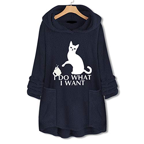 Auifor Cartas Bordadas de Lana para Mujer Orejas de Gato Sudadera con Capucha de Talla Grande Suéter con Bolsillo Superior Sudadera con Capucha(Marina/XXXXX-Large)