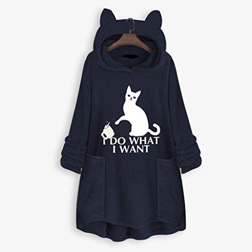 Auifor Cartas Bordadas de Lana para Mujer Orejas de Gato Sudadera con Capucha de Talla Grande Suéter con Bolsillo Superior Sudadera con Capucha(Marina/XXXXX-Large)