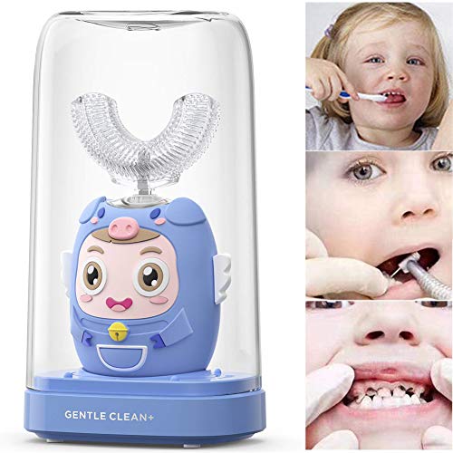 AUZZO HOME Cepillo de Dientes eléctrico para niños Ultrasonido Tipo U Impermeable Limpieza Integral de 360 ° Ayuda a prevenir y Reducir la gingivitis Durante 2-12 años,Azul,B