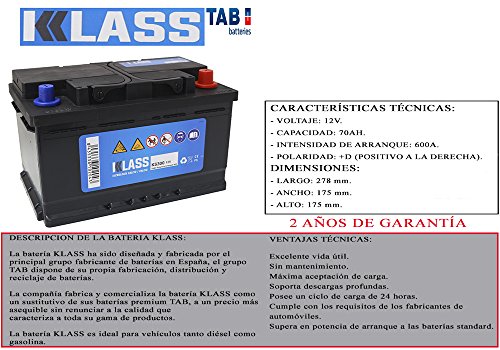 BATERIA DE COCHE KLASS 12V 70AH 600A + DERECHA ENTREGA GRATIS EN 24/48 HORAS 2 AÑOS GARANTIA REALES 680A (EN)+D FABRICADA EN ESPAÑA POR TAB 278x175x175 CALIDAD PROFESIONAL TURISMOS DIESEL Y GASOLINA