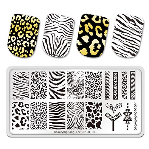 BEAUTYBIGBANG 6 x 12 cm rectangular para estampación de uñas, plantilla de imagen con textura animal, diseño de leopardo, patrón de cebra, manicura y decoración de uñas, textura XL-001