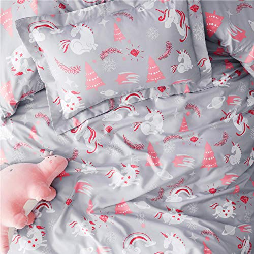 Bedsure Funda Nordica Infantil Cama 90 Niña - Juego de Funda Edredón Juvenil 140x200 de Microfibra Transpirable y Suave, con Patrón Reversible de Unicornio, Gris Rosa