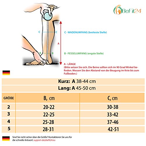 ®Befit24 Calcetines de Compresión (23-32 mmHg, 120 Denieres, Clase 2) sin Puntera para Hombre y Mujer - Medias de Compresion para Varices, Embarazo y Circulación [ Size 4 - Short: A - Negro ]