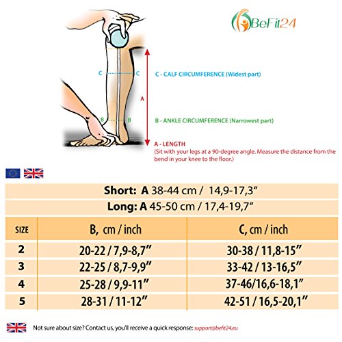 ®Befit24 Calcetines de Compresión (23-32 mmHg, 120 Denieres, Clase 2) sin Puntera para Hombre y Mujer - Medias de Compresion para Varices, Embarazo y Circulación [ Size 4 - Short: A - Negro ]