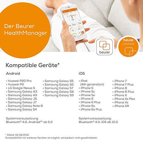 Beurer BF105 - Báscula Diagnóstica Bluetooth , Báscula de Baño Corporal Compatible con la App en Español Health Manager, 8 Electrodos para Zona Inferior y Superior, Android y iOS, Silver Negro