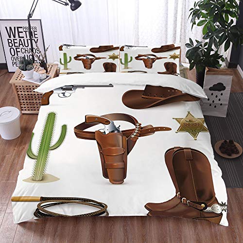 Big horn deer 3 Piezas Bedding Juego de Funda de Edredón,Iconos Occidentales y realistas del Vaquero Sheriff of The Town Pistolera con cinturó,Funda Nórdica Microfibra - Suaves y cómodas,220 x 240cm