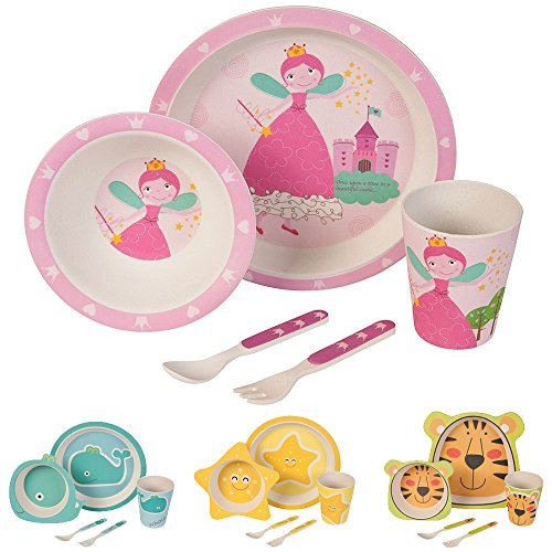 BIOZOYG Set vajilla Infantil de bambú sin bpa 5 Piezas I Motivo Hada mágica I Servicio de Mesa cubertería para niños Tazón Vaso de Beber Plato para niños I Reciclaje de Material Natural