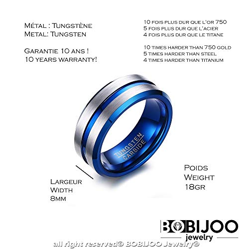 BOBIJOO JEWELRY - Anillo, el Anillo de sellar de los Hombres del Anillo de Bodas de Tungsteno Plata-Azul Mat 8mm 10 años de Garantía - 22 (10 US), Plateado - Carburo de tungsteno