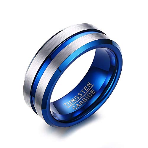 BOBIJOO JEWELRY - Anillo, el Anillo de sellar de los Hombres del Anillo de Bodas de Tungsteno Plata-Azul Mat 8mm 10 años de Garantía - 22 (10 US), Plateado - Carburo de tungsteno