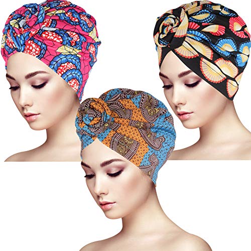 Bolonbi 3 paquetes de turbante para la cabeza, diseño africano de nudo, cinta para la cabeza de la mujer, elástico para la cabeza, bohemio, para mujeres y niñas, M, multicolor