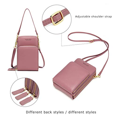 Bolso de teléfono móvil para mujer Monedero de cartera cruzada Mini bolso de teléfono celular cruzado de cuero ligero con ranuras para tarjeta de correa(Rosado)