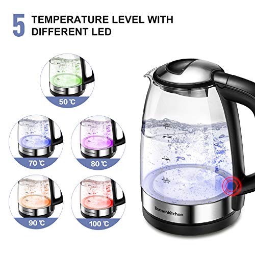 Bonsenkitchen Hervidor de Agua Eléctrico, Hervidor de Cristal con Control de Temperatura y Función de Mantener Caliente, Tetera con Sistema de Protección Contra Quemaduras en Seco, sin BPA(1.7L/2200W)