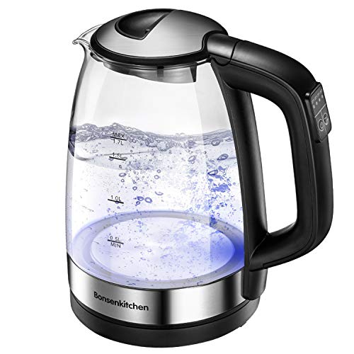 Bonsenkitchen Hervidor de Agua Eléctrico, Hervidor de Cristal con Control de Temperatura y Función de Mantener Caliente, Tetera con Sistema de Protección Contra Quemaduras en Seco, sin BPA(1.7L/2200W)