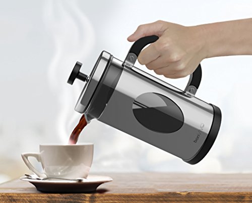 bonVIVO GAZETARO I Cafetera Francesa (French Press) y Prensa Francesa de Embolo Fabricada con Acero Inoxidable - Cafetera Filtro con Acabado en Plata con Filtros, tamaño: 1 L / 1000ml