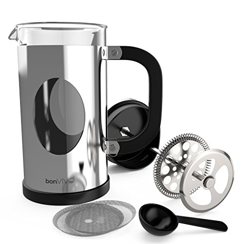 bonVIVO GAZETARO I Cafetera Francesa (French Press) y Prensa Francesa de Embolo Fabricada con Acero Inoxidable - Cafetera Filtro con Acabado en Plata con Filtros, tamaño: 1 L / 1000ml