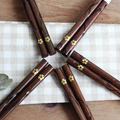 Bosdontek Palillos Japoneses 5 Pares De Palillos Naturales Reutilizables Lavables para Lavavajillas Palillos De Madera Set De Vajillas Chinos con Lujosa Caja Hecha A Mano Negra(Flower)