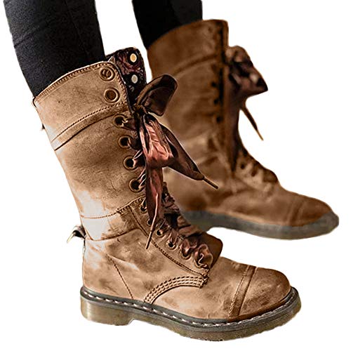 Botas Biker Planas tacón bajo Mujer Invierno PAOLIAN Botas Militares de Piel cuña con Cordones Forradas Piel Botas Camperas Medio Retro Zapatos Cuero Señora Calzado Otoño 36-41