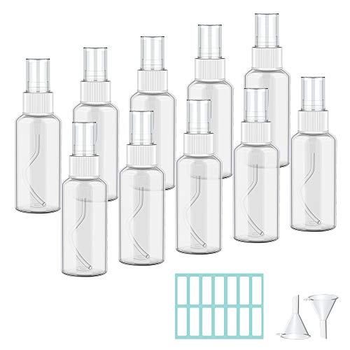 Botella de Spray Vacía Plástico Transparente 50ML botes spray vacios Contenedor de Pulverizador Niebla Fina Atomizador de Viaje con Embudos Spray Pulverizador para Perfumes Agua Alcohol 10 Piezas